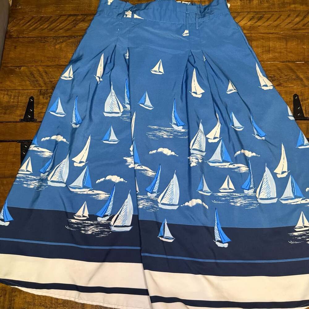 HR Destiny Women's Blue Sailboat Print Pleated Skirt Size L